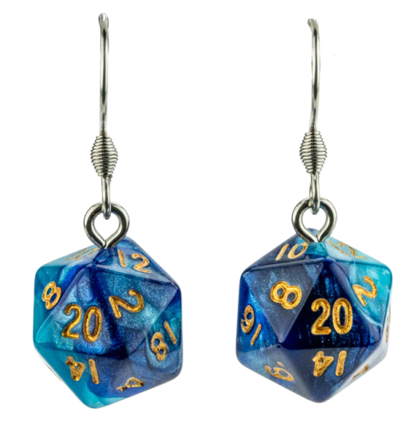 Metallic Dice: D20 Dice Earrings: Blue/Light Blue w/ Gold
