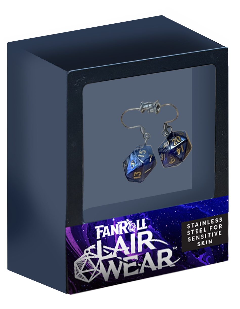 Metallic Dice: D20 Dice Earrings: Blue/Light Blue w/ Gold