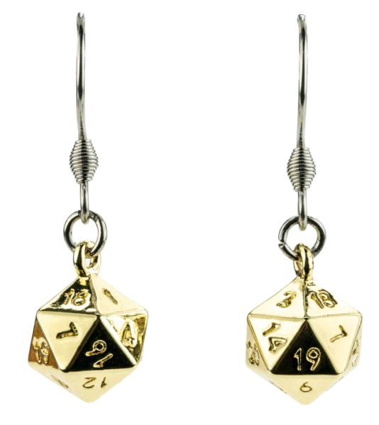 Metallic Dice: D20 Dice Earrings: Gold Metal