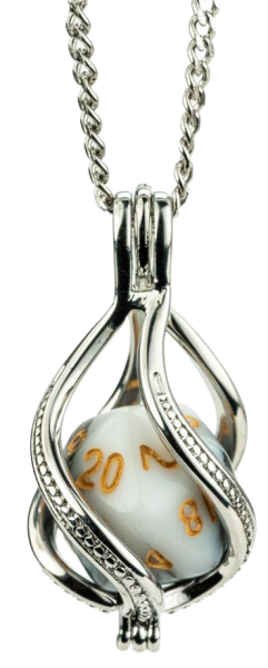 Metallic Dice: D20 Caged Dice Necklace: Marble White/Black w/ Gold