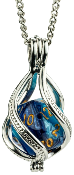 Metallic Dice: D20 Caged Dice Necklace: Blue/Light Blue w/ Gold