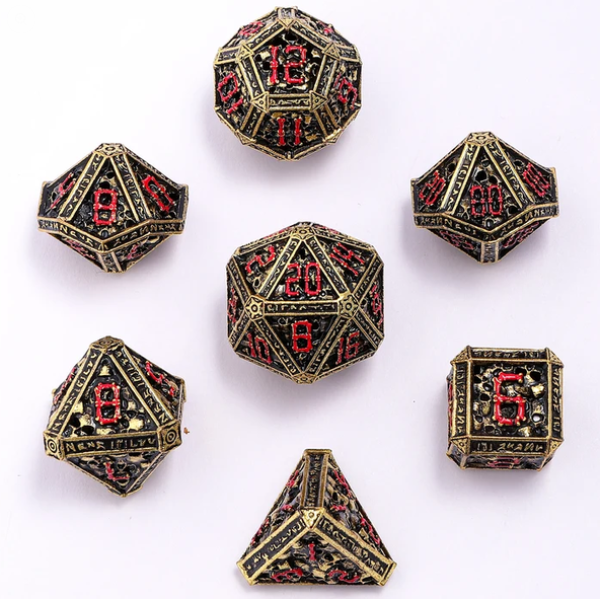 Hollow Metal Necromancer Dice Set - Gold w/Red