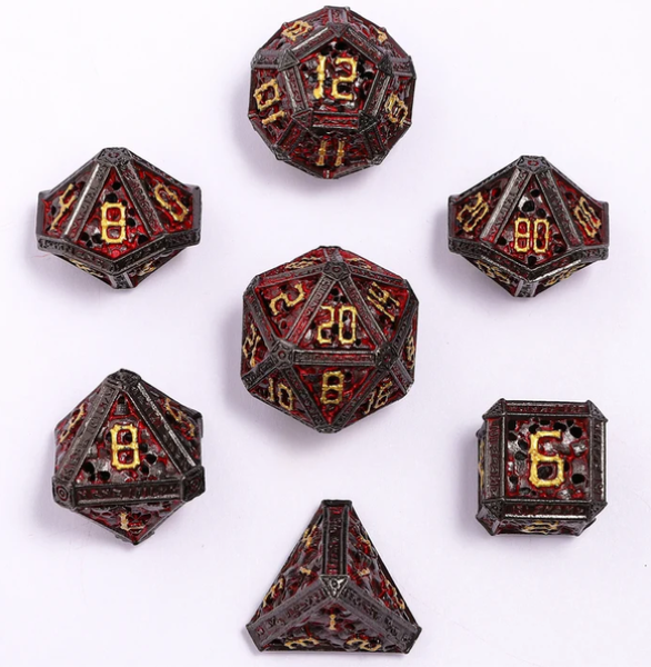 Hollow Metal Necromancer Dice Set - Gunmetal w/Gold And Red