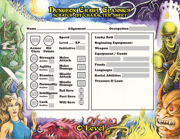 Dungeon Crawl Classics 0-Level Scratch-Off Character Sheets