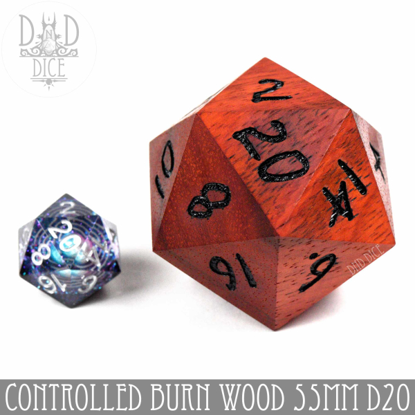 King of Crits Dice: 50mm Wood D20 Controlled Burn (Gift Box)
