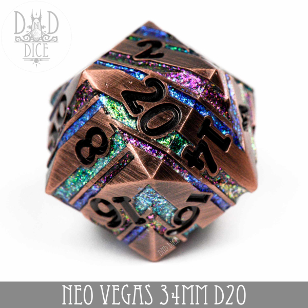 King of Crits Dice: 34mm D20 Neo Vegas (Metal)