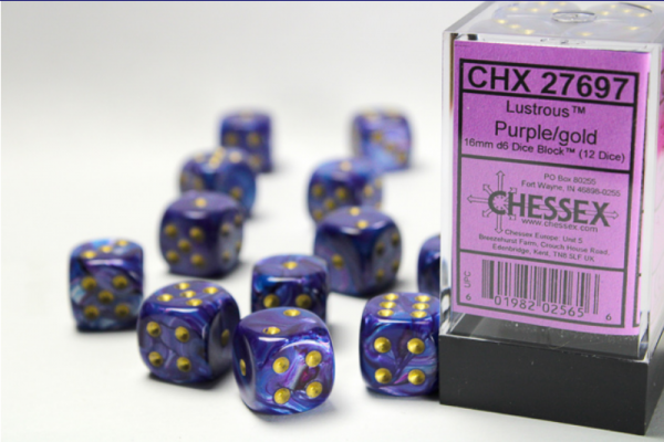 Chessex Dice Sets: Purple/Gold Lustrous 16mm d6 (12)