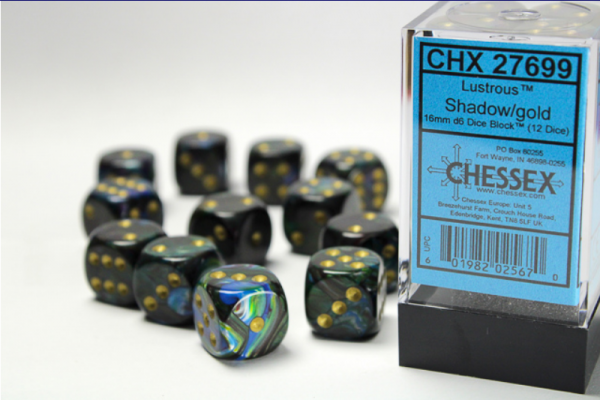Chessex Dice Sets: Shadow/Gold Lustrous 16mm d6 (12)