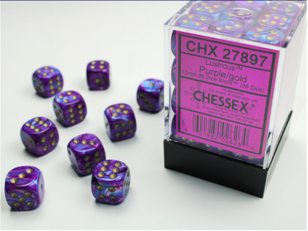 Chessex Dice Sets: Purple/Gold Lustrous 12mm d6 (36)