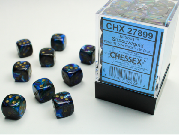 Chessex Dice Sets: Shadow/Gold Lustrous 12mm d6 (36)