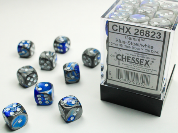 Chessex Dice Sets: Blue-Steel/White Gemini 12mm d6 (36)