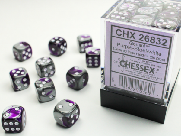 Chessex Dice Sets: Purple-Steel/White Gemini 12mm d6 (36)