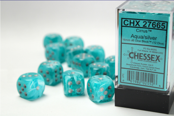 Chessex Dice Sets: Aqua/Silver Cirrus 16mm d6 (12)