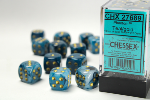 Chessex Dice Sets: Teal/Gold Phantom 16mm d6 (12)