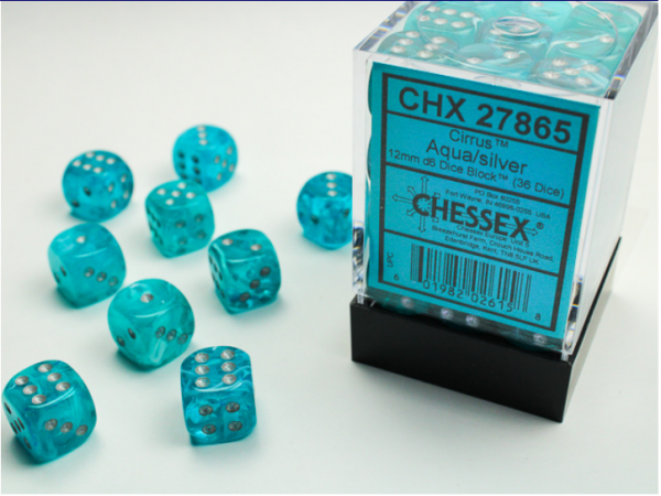 Chessex Dice Sets: Aqua/Silver Cirrus 12mm d6 (36)