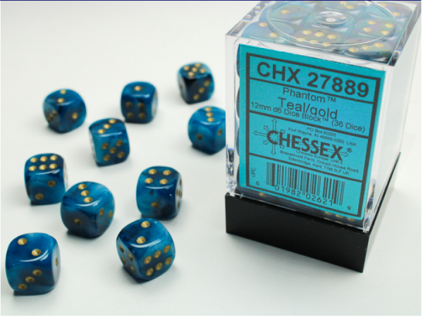Chessex Dice Sets: Teal/Gold Phantom 12mm d6 (36)