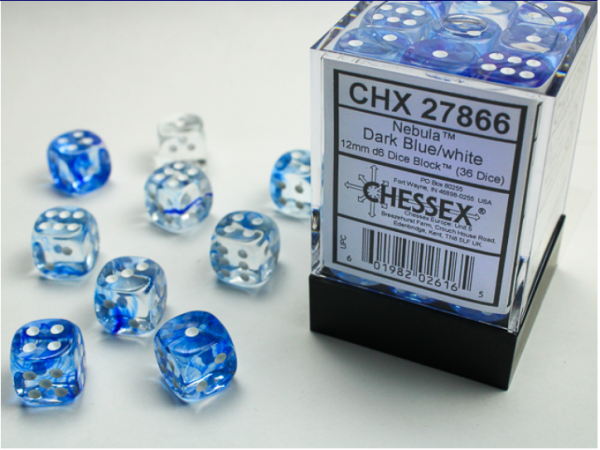 Chessex Dice Sets: Dark Blue/White Nebula 12mm d6 (36)