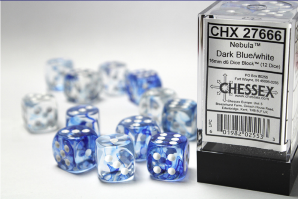 Chessex Dice Sets: Dark Blue/White Nebula 16mm d6 (12)
