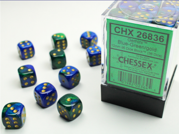 Chessex Dice Sets: Blue-Green/Gold Gemini 12mm d6 (36)