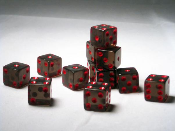 Square Cornered Dice: Smoke/Red Translucent 16mm d6 (12)