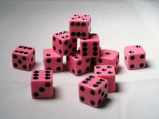 Square Cornered Dice: Pink/Black Opaque 16mm d6 (12)