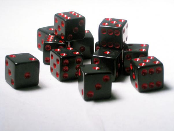 Square Cornered Dice: Black/Red Opaque 16mm d6 (12)