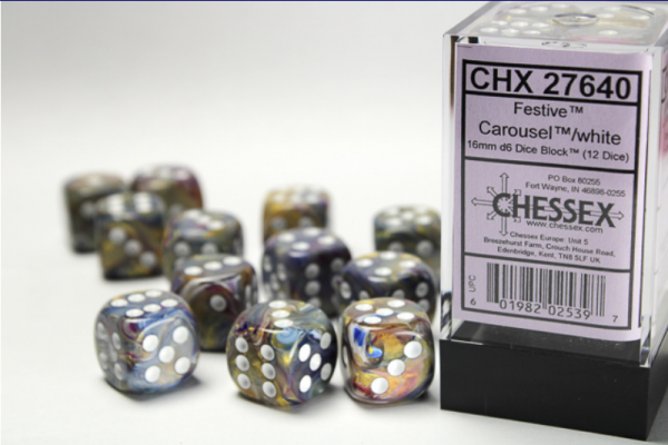 Chessex Dice Sets: Carousel/White Festive 16mm d6 (12)