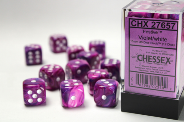 Chessex Dice Sets: Violet/White Festive 16mm d6 (12)