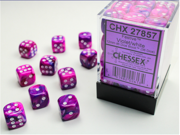 Chessex Dice Sets: Violet/White Festive 12mm d6 (36)