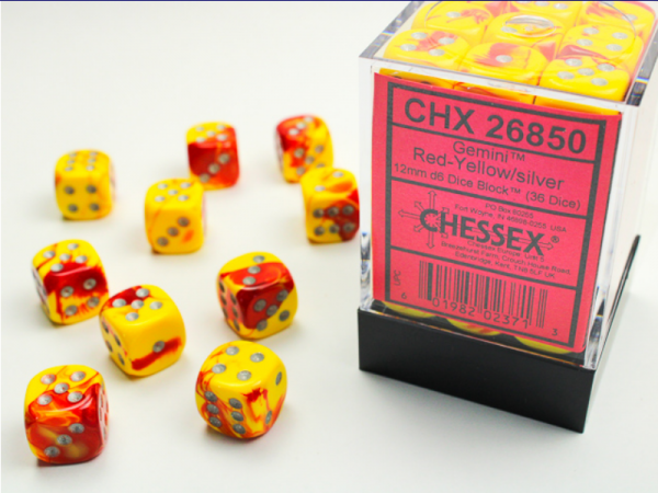 Chessex Dice Sets: Gemini # 5 12mm d6 Red Yellow/Silver (36)
