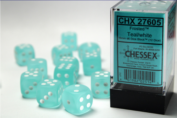 Chessex Dice Sets: Teal/White Frosted 16mm d6 (12)