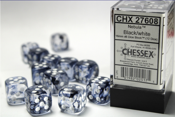 Chessex Dice Sets: Black/White Nebula 16mm d6 (12)