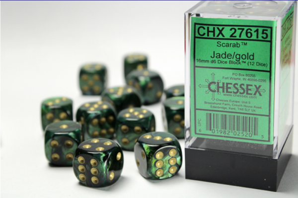 Chessex Dice Sets: Jade/Gold Scarab 16mm d6 (12)