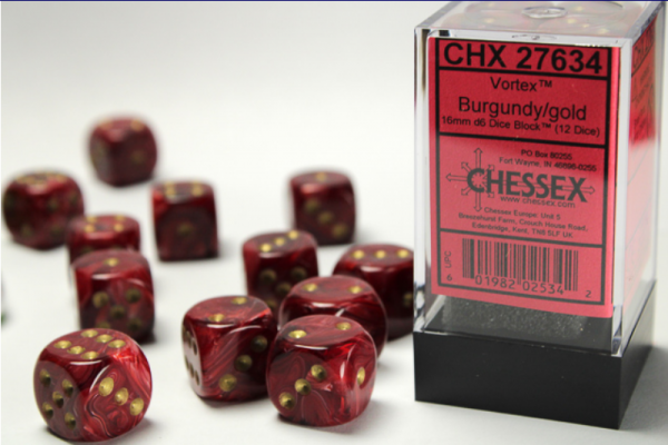 Chessex Dice Sets: Burgundy/Gold Vortex 16mm d6 (12)