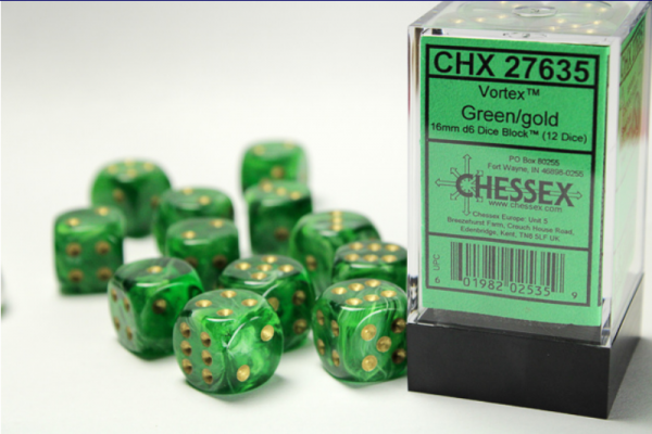 Chessex Dice Sets: Green/Gold Vortex 16mm d6 (12)