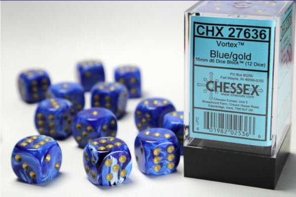 Chessex Dice Sets: Blue/Gold Vortex 16mm d6 (12)