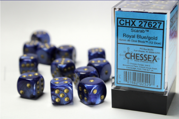 Chessex Dice Sets: Royal Blue/Gold Scarab 16mm d6 (12)
