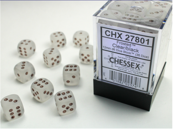 Chessex Dice Sets: Clear/Black Frosted 12mm d6 (36)