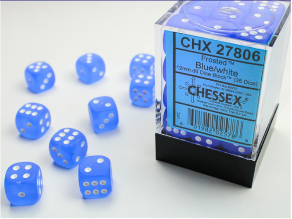 Chessex Dice Sets: Blue/White Frosted 12mm d6 PIP (36)
