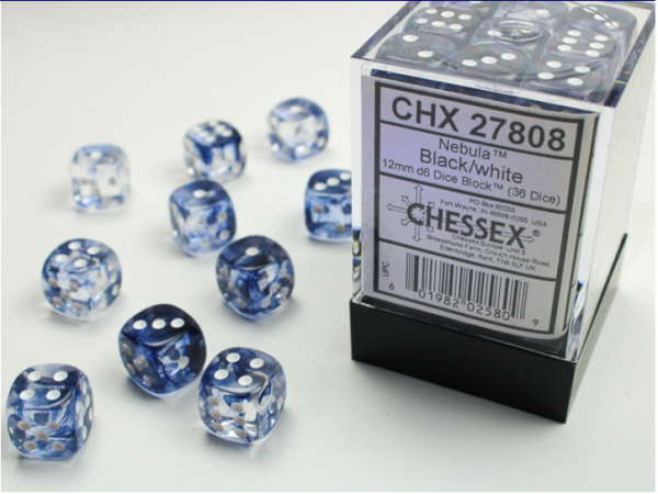 Chessex Dice Sets: Black/White Nebula 12mm d6 (36)