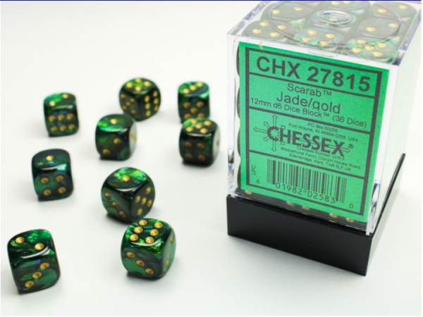 Chessex Dice Sets: Jade/Gold Scarab 12mm d6 (36)