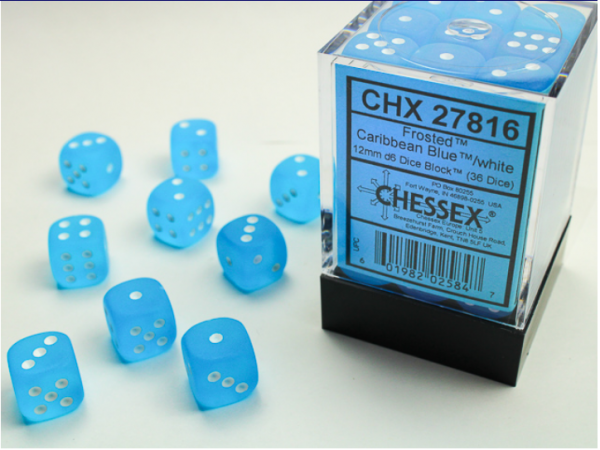 Chessex Dice Sets: Caribbean Blue/White Frosted 12mm d6 (36)