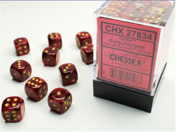 Chessex Dice Sets: Burgundy/Gold Vortex 12mm d6 (36)