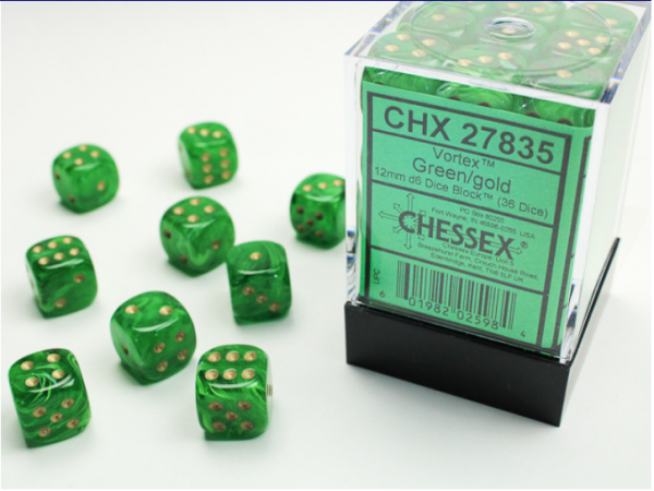Chessex Dice Sets: Green/Gold Vortex 12mm d6 (36)