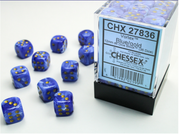 Chessex Dice Sets: Blue/Gold Vortex 12mm d6 (36)