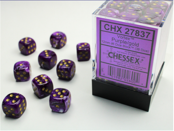 Chessex Dice Sets: Purple/Gold Vortex 12mm d6 (36)