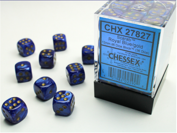 Chessex Dice Sets: Royal Blue/Gold Scarab 12mm d6 (36)