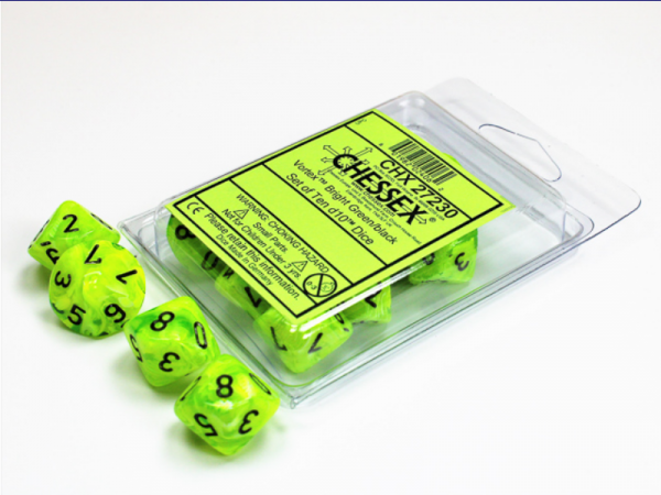 Chessex Dice Sets: Vortex Bright Green w/Black d10 Set (10)