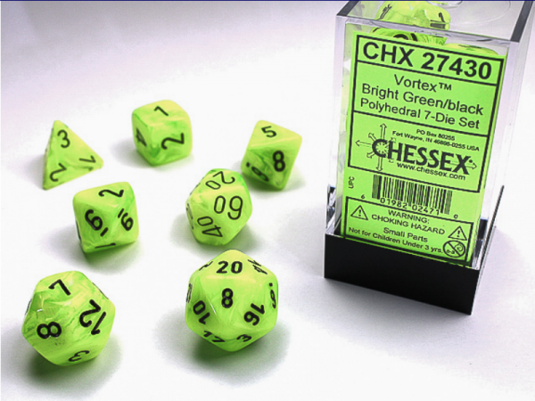 Chessex RPG Dice Sets: Vortex Bright Green w/Black Polyhedral 7-Die Set