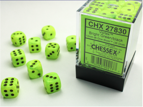 Chessex Dice Sets: Vortex Bright Green w/Black 12mm d6 (36)
